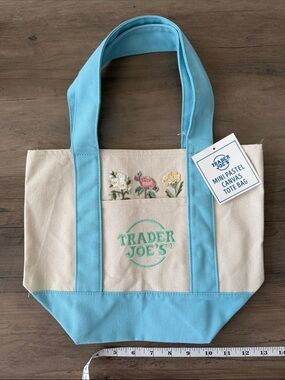Trade Joe mini canvas tote bag customized NWT baby blue